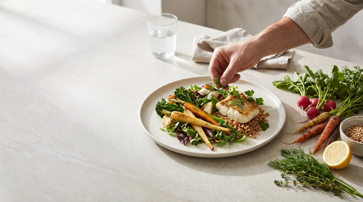 Chef’s hands finishing a plated dish, with fresh seasonal ingredients on the stone worktop beside it