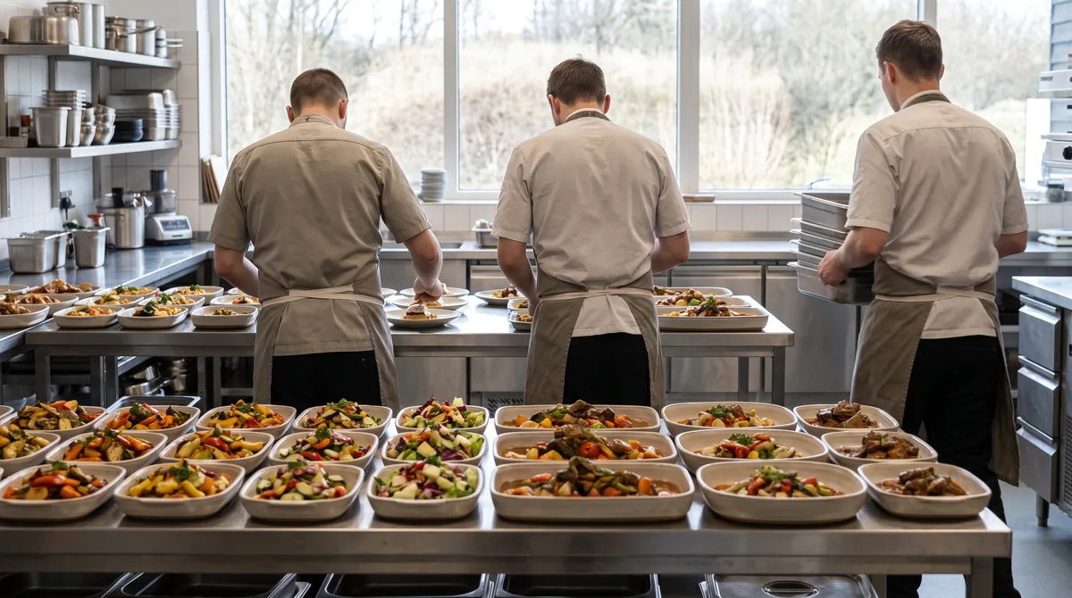 Production kitchen with chefs seen from behind and rows of dishes ready for delivery on steel worktops