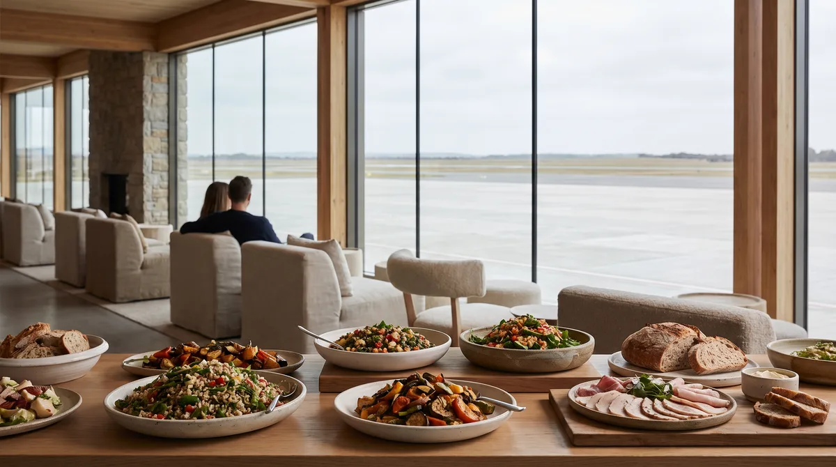 Plated food in a bright lounge, guests seen from behind and large windows overlooking the apron