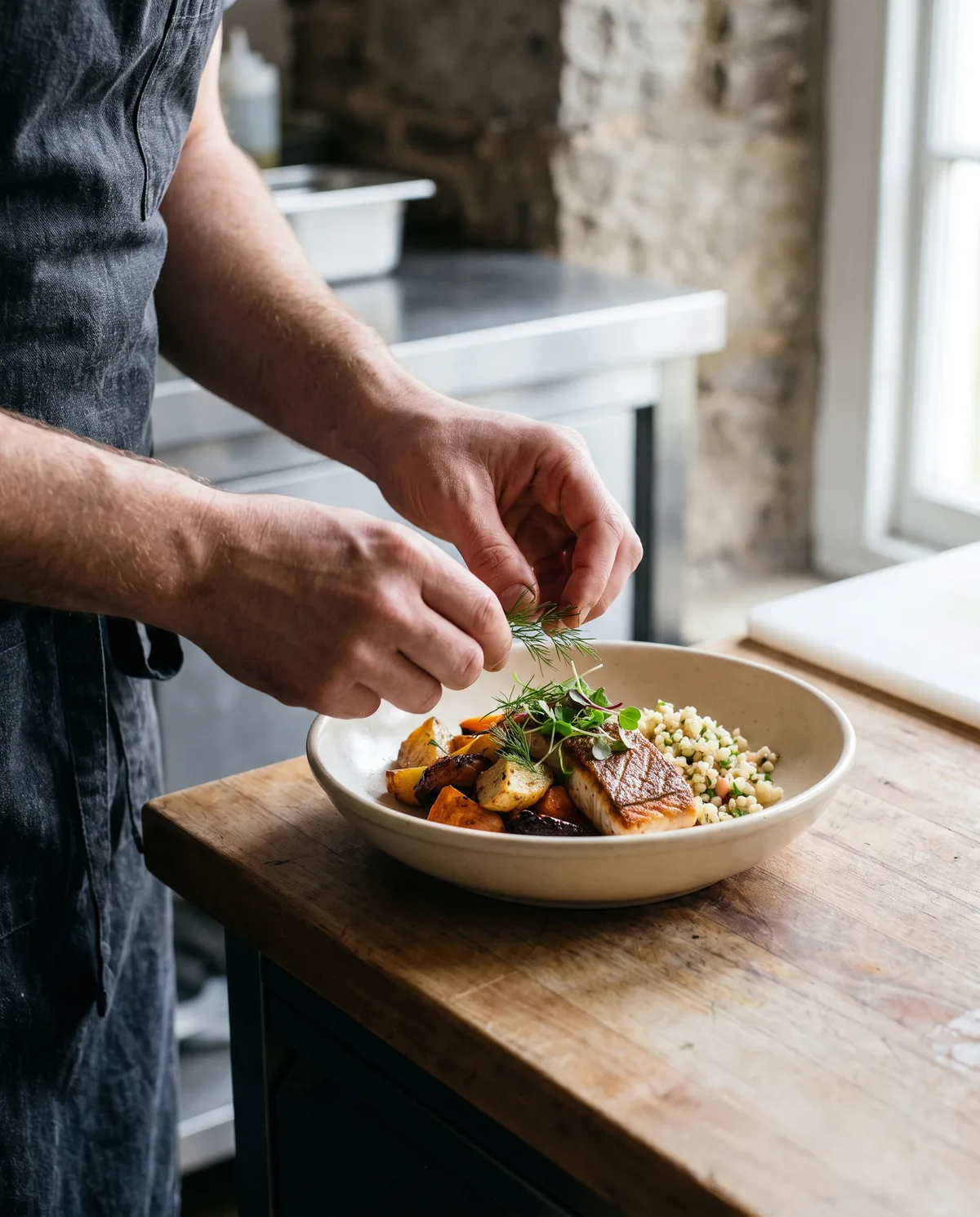 Hands finishing a dish with fresh herbs in a professional kitchen, tightly cropped