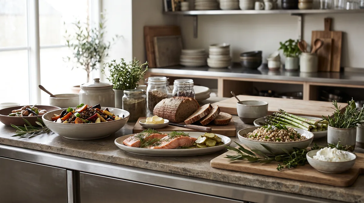 Several prepared dishes and ingredients on a light worktop in daylight from a window