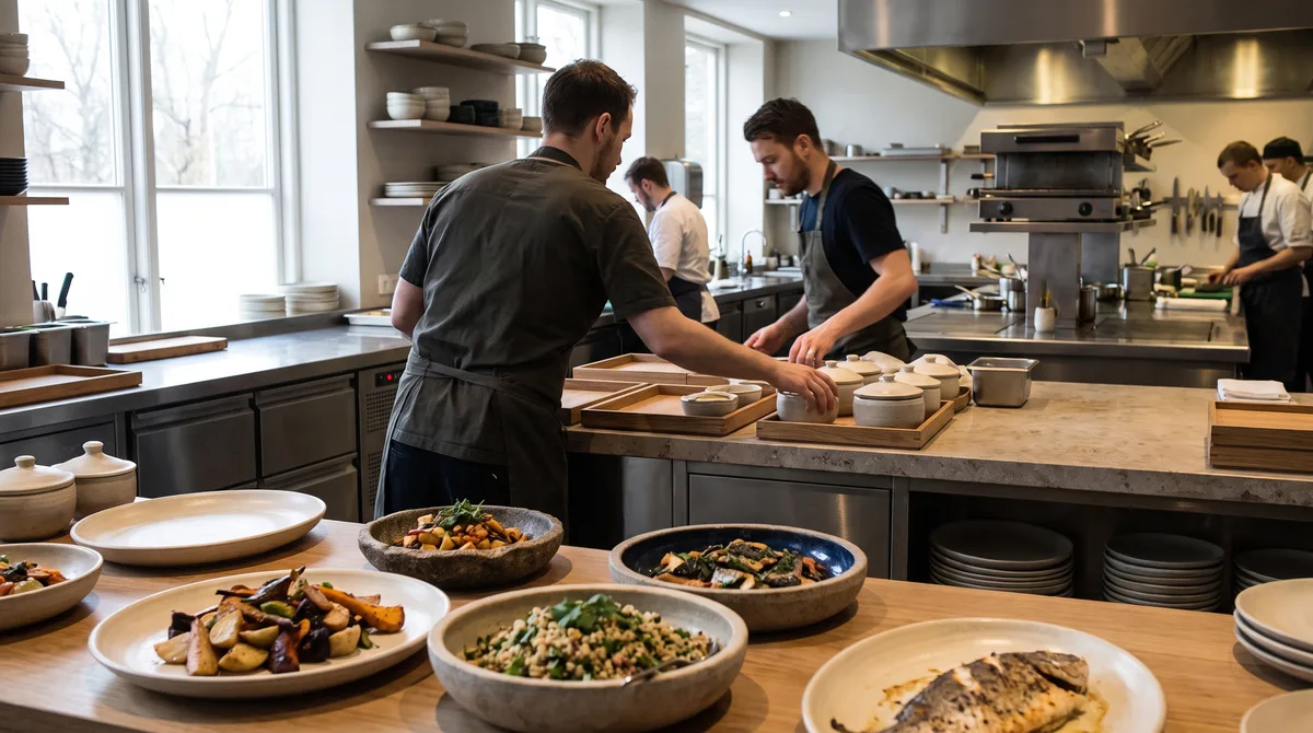 Prepared dishes being organised for delivery in a professional kitchen, with hands at work