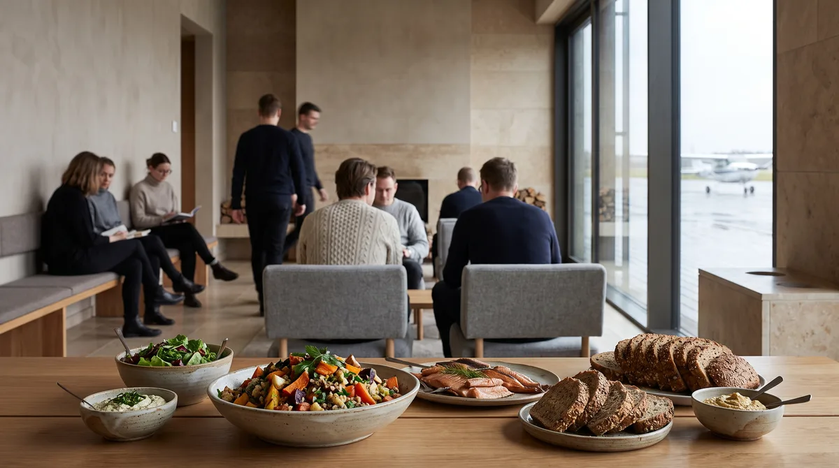 Bright lounge with food in the foreground, seating and large windows, with guests blurred in the background