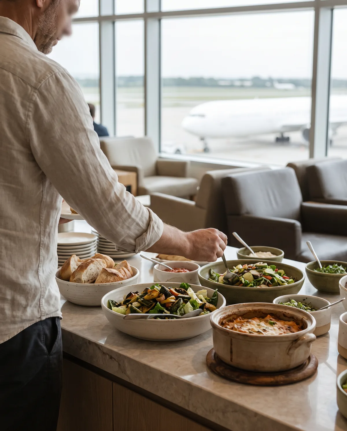 Guest helping themselves at a lounge buffet, seen from behind, with the food in focus