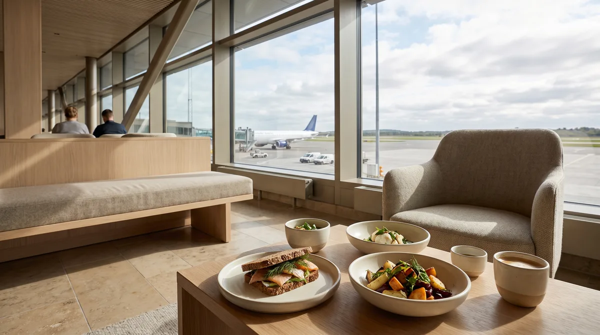 Lounge interior facing large windows, with aircraft in the distance on the apron outside