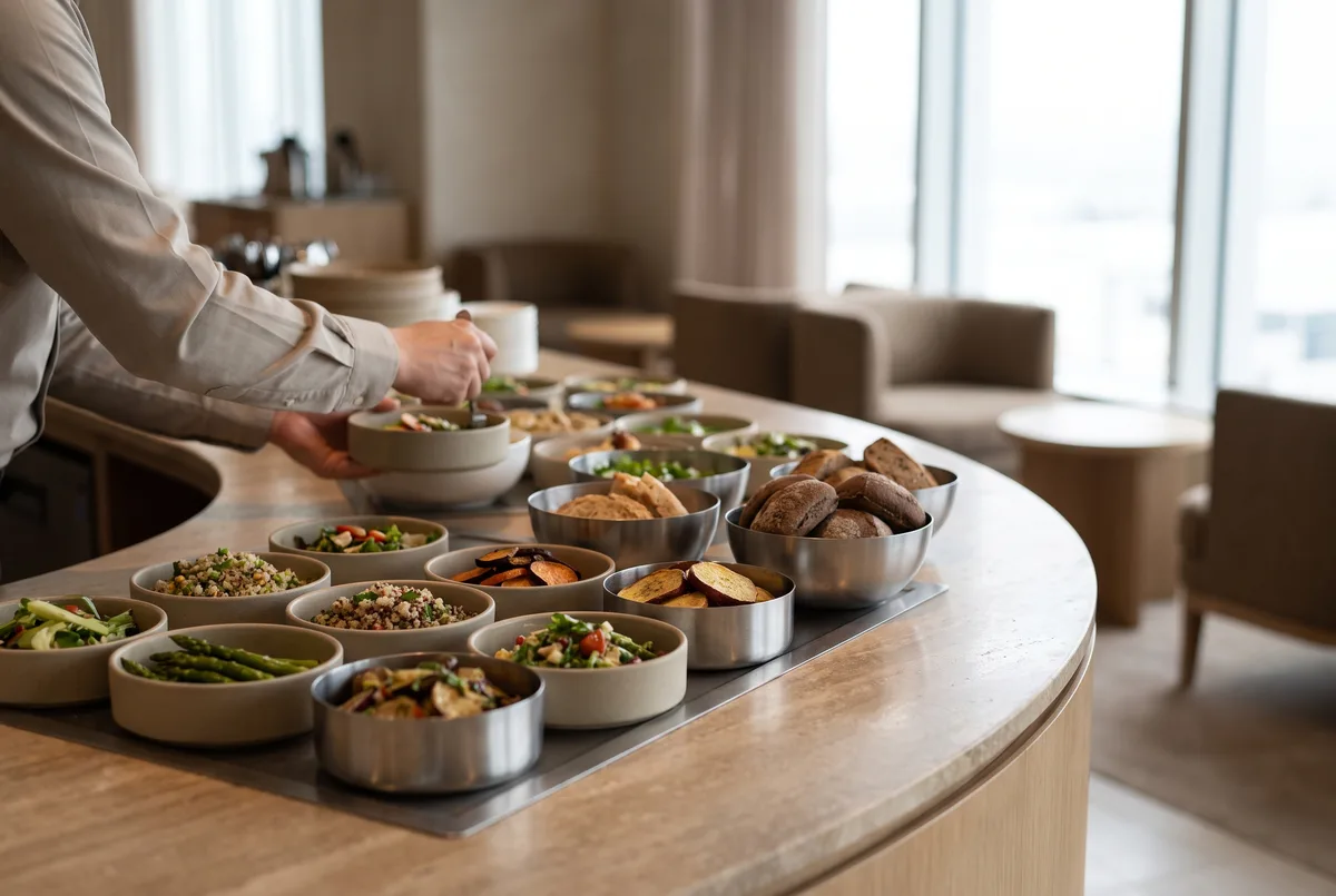 A hand refilling small dishes on a buffet, with the lounge blurred behind