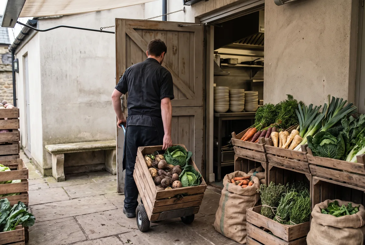 Crates of seasonal vegetables at the kitchen’s back door, with a person carrying a crate seen from behind