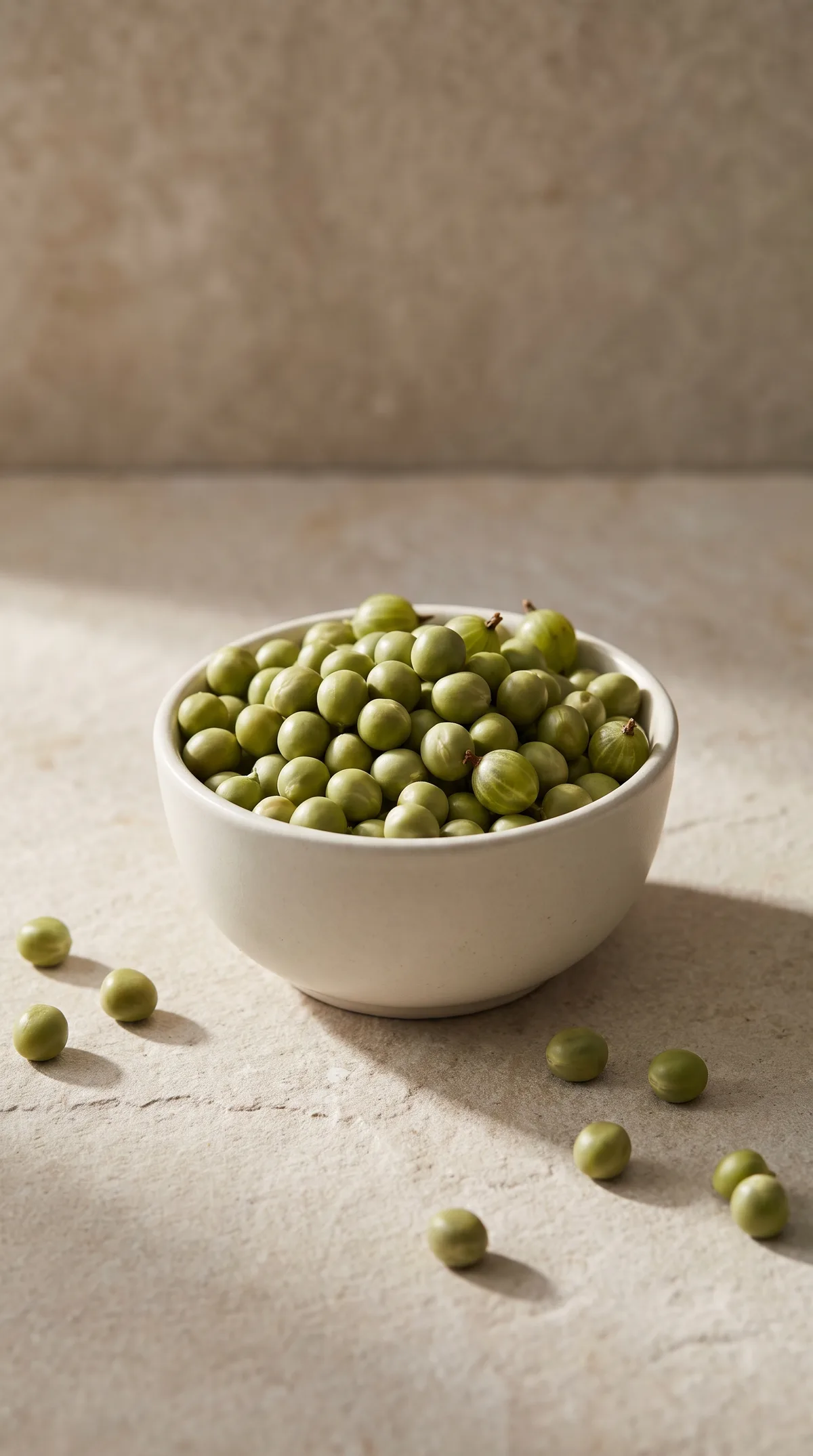 Bowl of fresh peas on a stone table lit from the side
