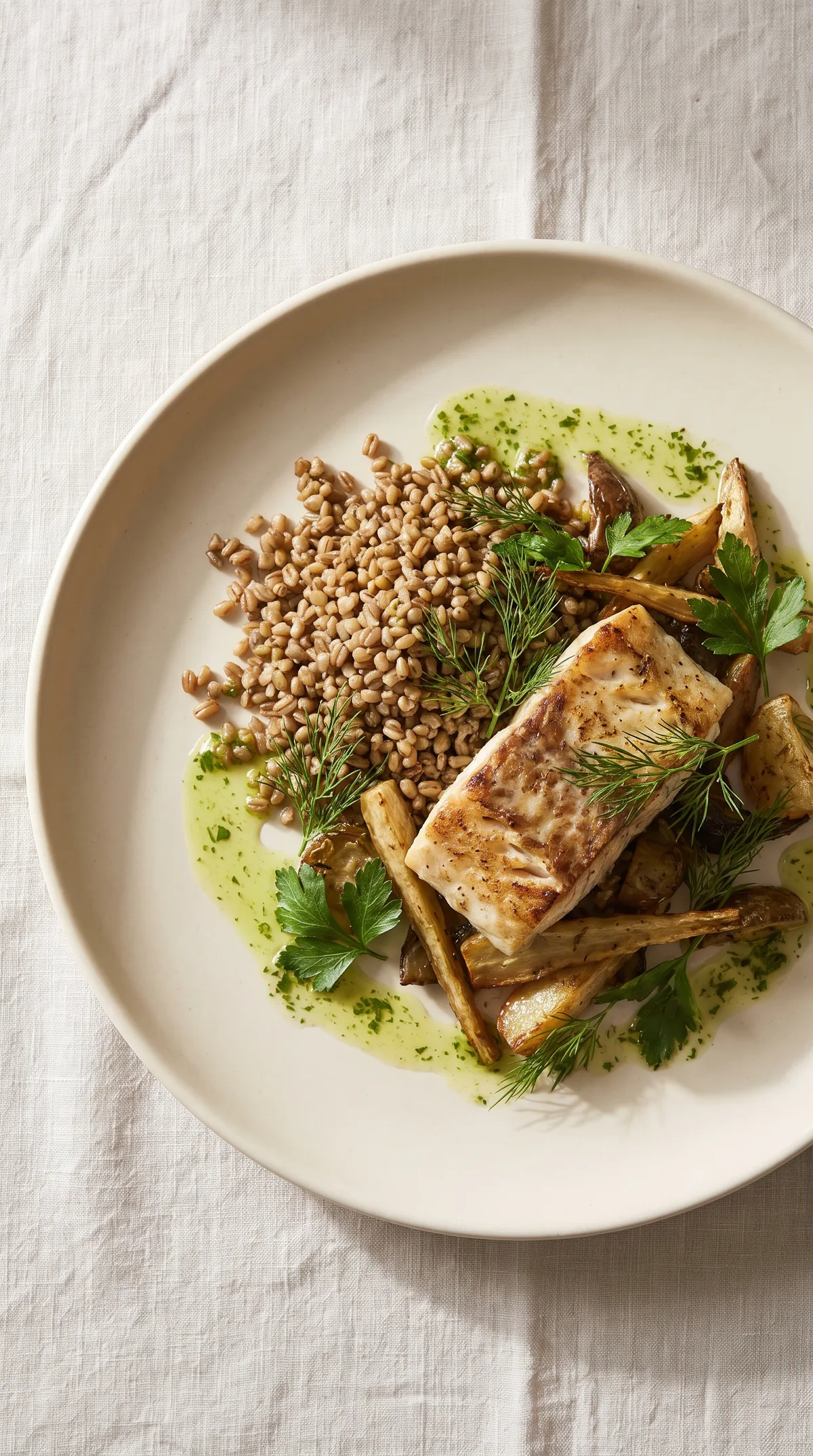 Plated fish, grains and vegetables on a ceramic plate, seen from above at an angle