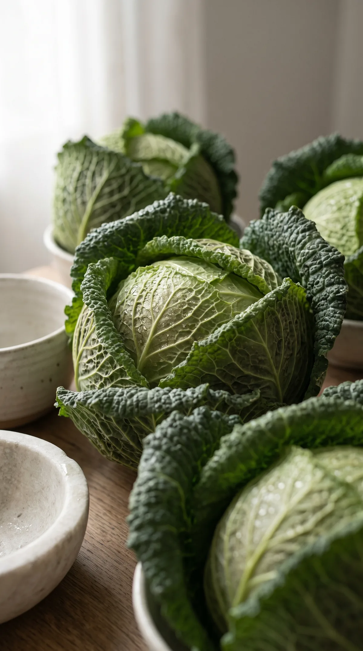 Close-up of a savoy cabbage with textured leaves in daylight